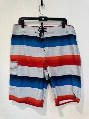 Men’s O’Neill Red White Blue Black Striped Board Shorts Swim Trunks 34